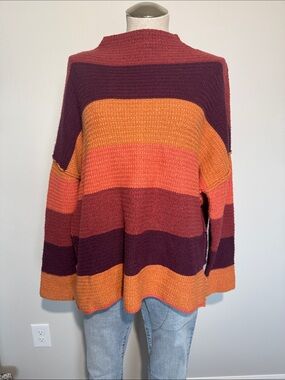 BKE Striped Crewneck Sweater in Rust, Orange & Burgundy